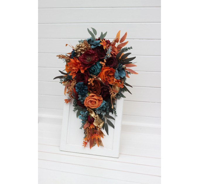 Teal, Rust & Gold Cascading Bridal Bouquet | Orange & Burgundy Faux Wedding Flowers for Fall, Boho & Halloween Weddings