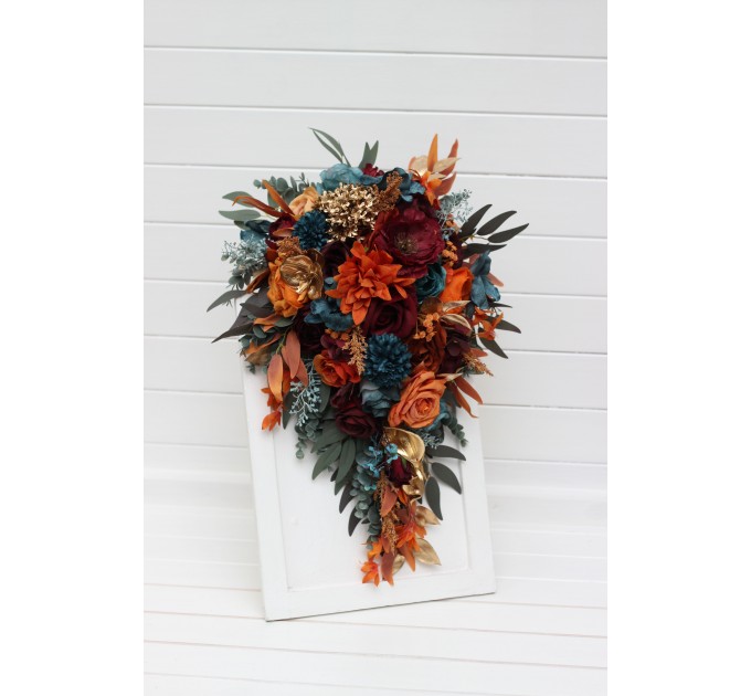 Teal, Rust & Gold Cascading Bridal Bouquet | Orange & Burgundy Faux Wedding Flowers for Fall, Boho & Halloween Weddings
