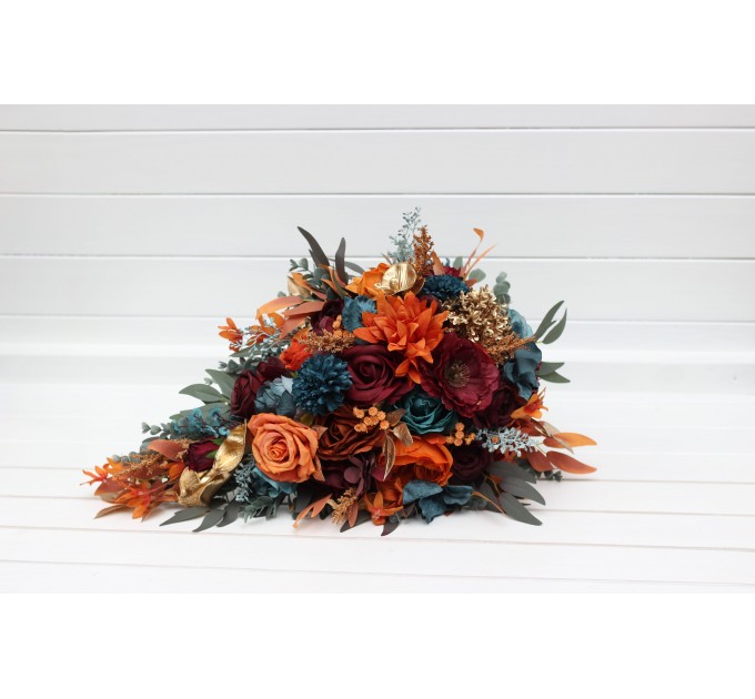 Teal, Rust & Gold Cascading Bridal Bouquet | Orange & Burgundy Faux Wedding Flowers for Fall, Boho & Halloween Weddings