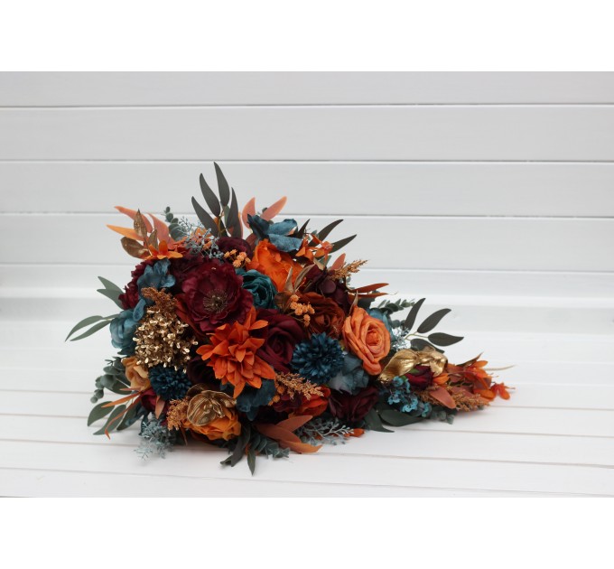 Teal, Rust & Gold Cascading Bridal Bouquet | Orange & Burgundy Faux Wedding Flowers for Fall, Boho & Halloween Weddings