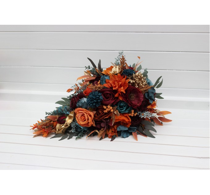 Teal, Rust & Gold Cascading Bridal Bouquet | Orange & Burgundy Faux Wedding Flowers for Fall, Boho & Halloween Weddings