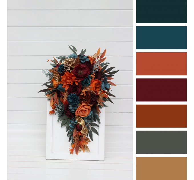 Teal, Rust & Gold Cascading Bridal Bouquet | Orange & Burgundy Faux Wedding Flowers for Fall, Boho & Halloween Weddings