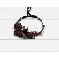 Black burgundy gold  flower crown. Hair wreath. Flower girl crown. Wedding flowers. 5305