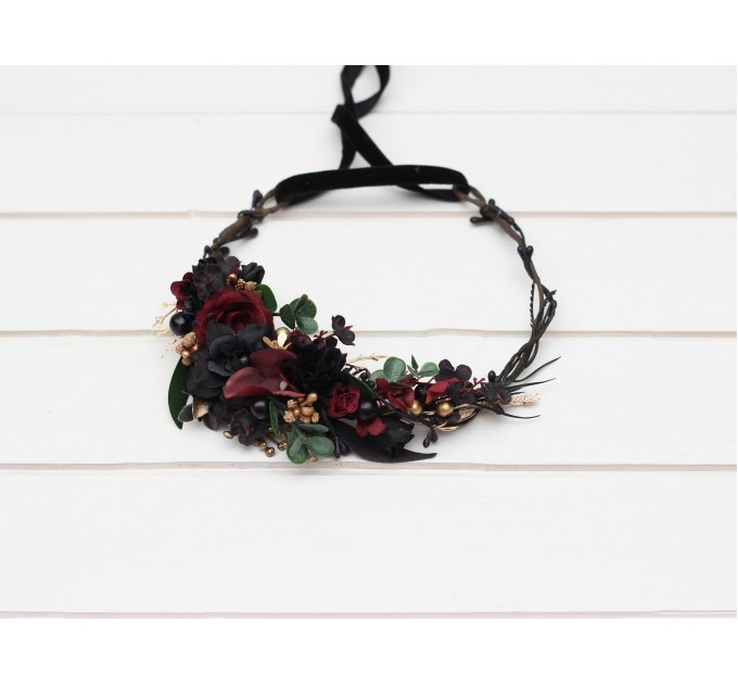 Black burgundy gold flower crown. Hair wreath. Flower girl crown. Wedding flowers. 5305