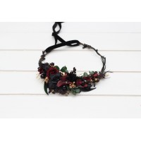 Black burgundy gold  flower crown. Hair wreath. Flower girl crown. Wedding flowers. 5305