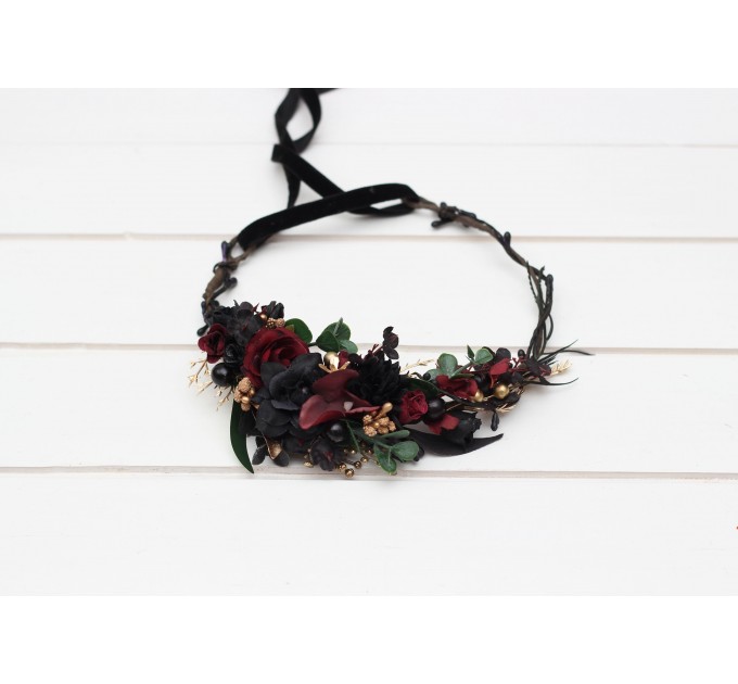 Black burgundy gold flower crown. Hair wreath. Flower girl crown. Wedding flowers. 5305