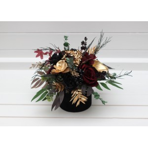 Black burgundy gold centerpiece. Table decor. Wedding flowers in box. 5305