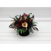 Black burgundy gold centerpiece. Table decor. Wedding flowers in box. 5305