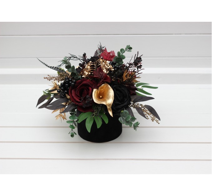 Black burgundy gold centerpiece. Table decor. Wedding flowers in box. 5305
