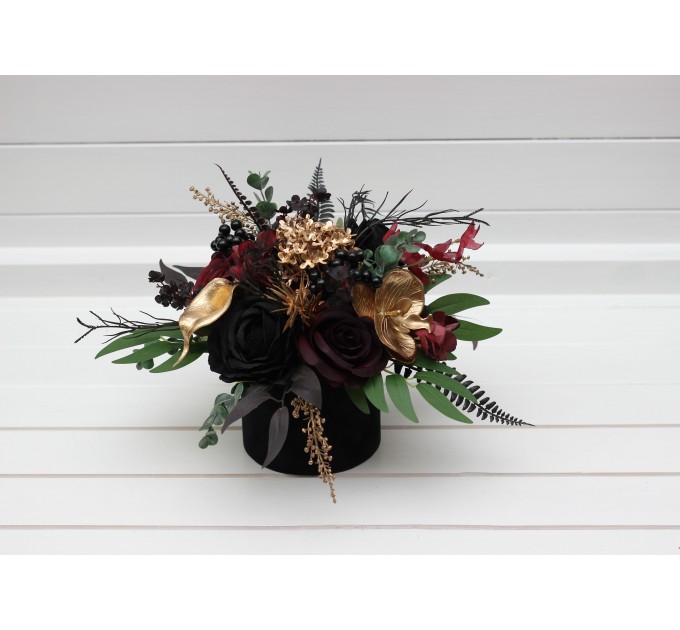 Black burgundy gold centerpiece. Table decor. Wedding flowers in box. 5305