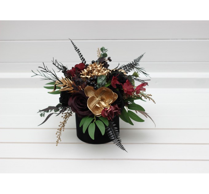 Black burgundy gold centerpiece. Table decor. Wedding flowers in box. 5305