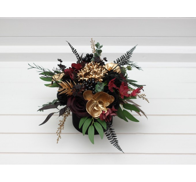 Black burgundy gold centerpiece. Table decor. Wedding flowers in box. 5305