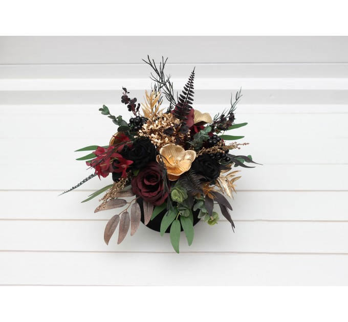 Black burgundy gold centerpiece. Table decor. Wedding flowers in box. 5305
