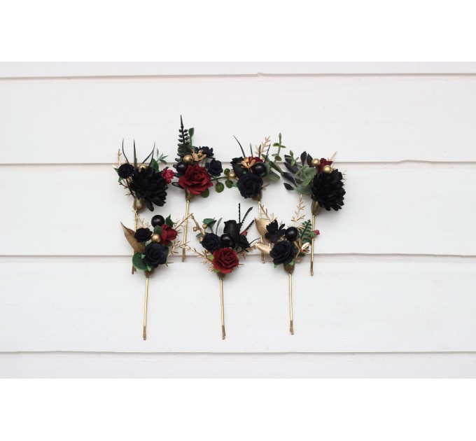 Set of 7 hair pins in black burgundy gold color scheme. Hair accessories. Flower accessories for wedding. 5305