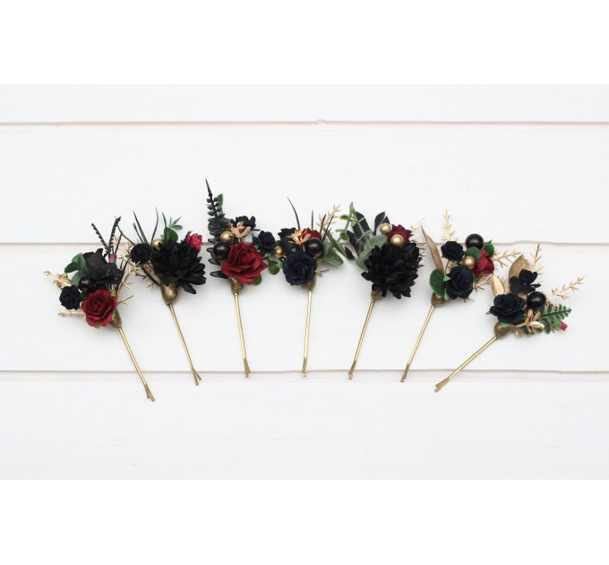Set of 7 hair pins in black burgundy gold color scheme. Hair accessories. Flower accessories for wedding. 5305