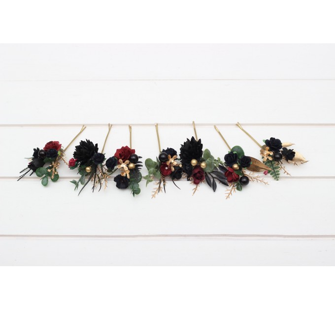 Set of 7 hair pins in black burgundy gold color scheme. Hair accessories. Flower accessories for wedding. 5305