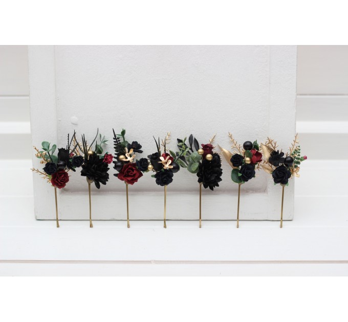 Set of 7 hair pins in black burgundy gold color scheme. Hair accessories. Flower accessories for wedding. 5305