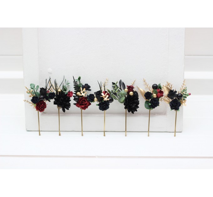 Set of 7 hair pins in black burgundy gold color scheme. Hair accessories. Flower accessories for wedding. 5305