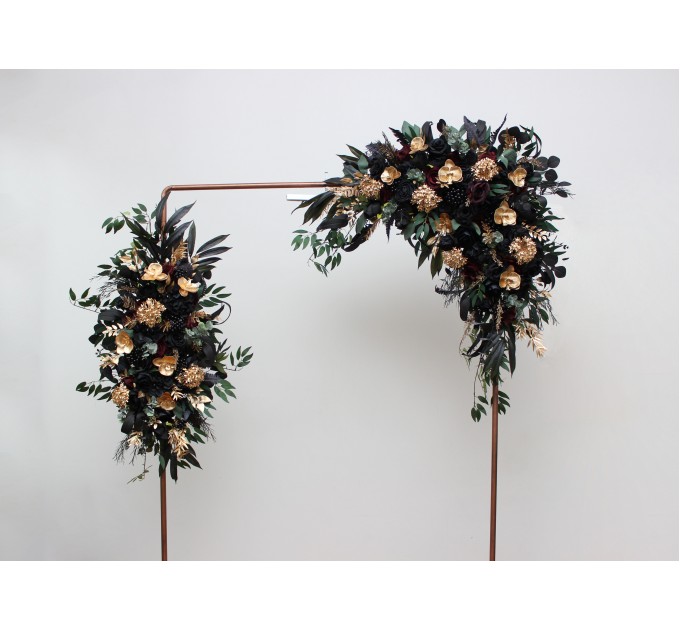 Flower Arch Arrangement in Black, Burgundy, Gold & Green | Faux Floral Archway for Wedding