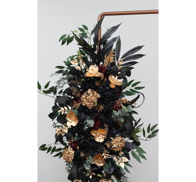 Flower Arch Arrangement in Black, Burgundy, Gold & Green | Faux Floral Archway for Wedding