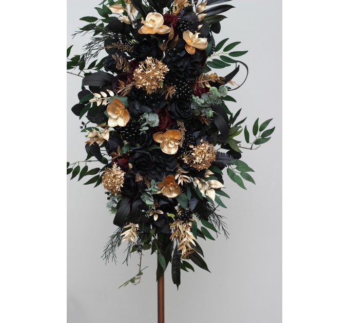 Flower Arch Arrangement in Black, Burgundy, Gold & Green | Faux Floral Archway for Wedding