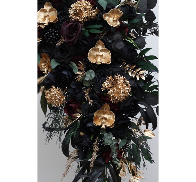 Flower Arch Arrangement in Black, Burgundy, Gold & Green | Faux Floral Archway for Wedding