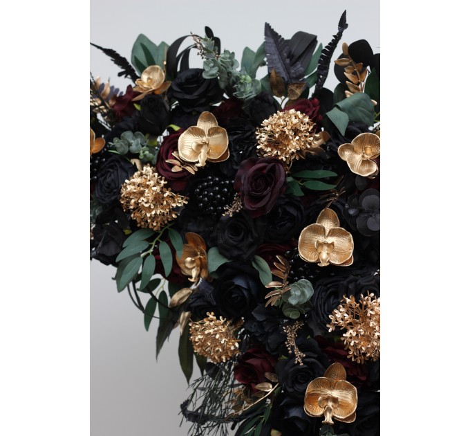 Flower Arch Arrangement in Black, Burgundy, Gold & Green | Faux Floral Archway for Wedding