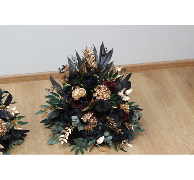 Standing flowers in burgundy black gold green color scheme. Aisle flowers. Wedding decorations. Floor flowers. 5305