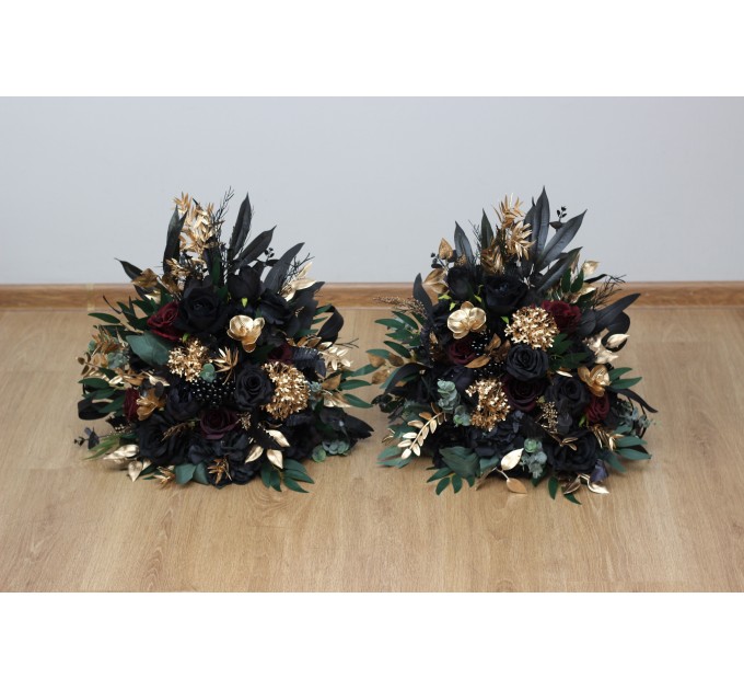 Standing flowers in burgundy black gold green color scheme. Aisle flowers. Wedding decorations. Floor flowers. 5305