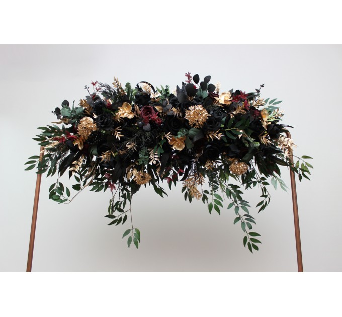 Flower Arch Arrangement in Black, Burgundy, Gold & Green | Faux Floral Archway for Wedding