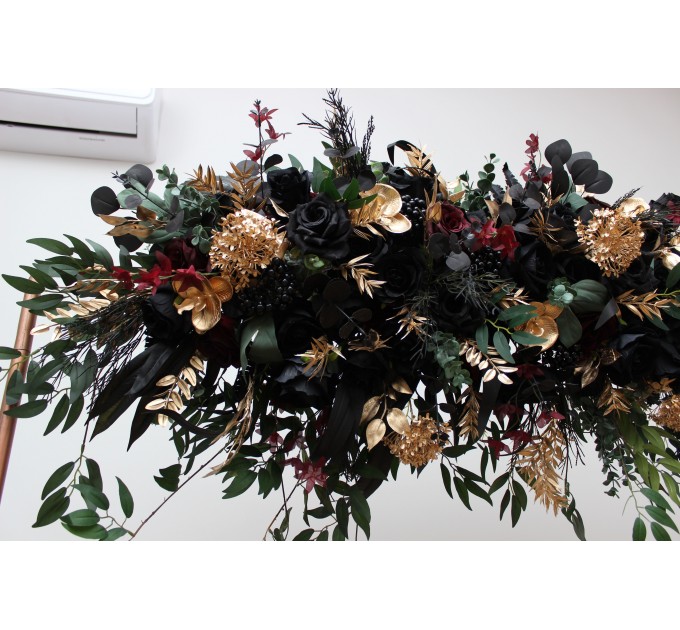 Flower Arch Arrangement in Black, Burgundy, Gold & Green | Faux Floral Archway for Wedding