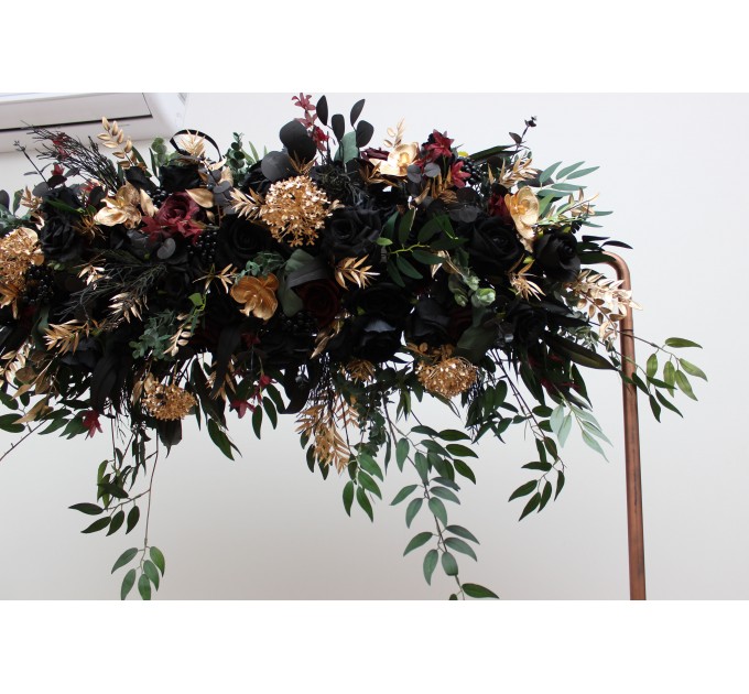 Flower Arch Arrangement in Black, Burgundy, Gold & Green | Faux Floral Archway for Wedding