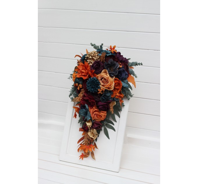 Wedding Bouquets in Teal, Rust, Gold, Plum & Mustard | Cascading Faux Bridal & Bridesmaid Bouquets