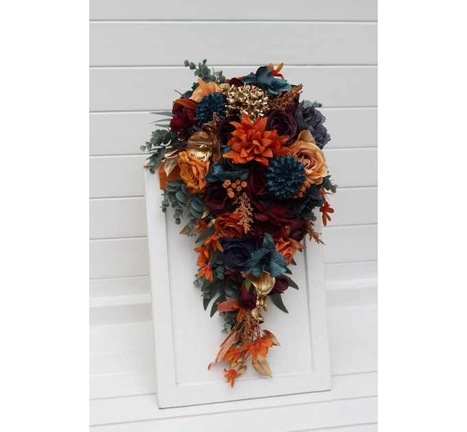 Wedding Bouquets in Teal, Rust, Gold, Plum & Mustard | Cascading Faux Bridal & Bridesmaid Bouquets