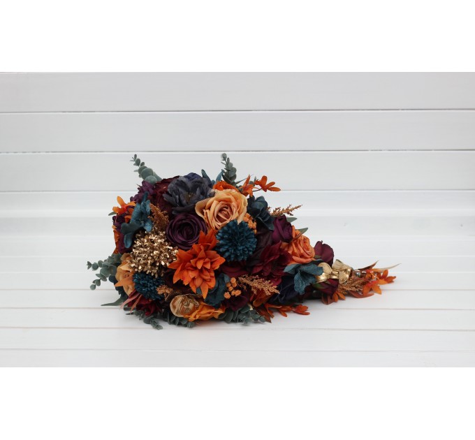 Wedding Bouquets in Teal, Rust, Gold, Plum & Mustard | Cascading Faux Bridal & Bridesmaid Bouquets