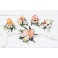  Wedding boutonnieres and wrist corsage  in blush pink white peach yellow color scheme. Flower accessories. 5301