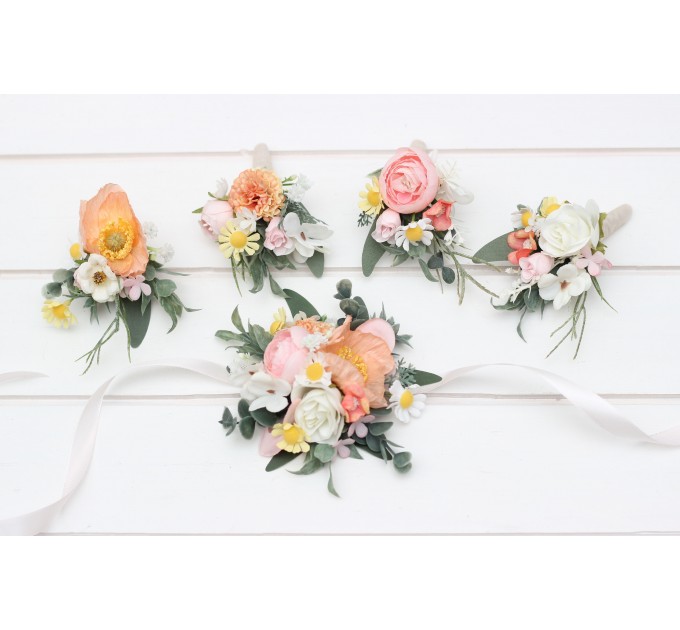 Wedding Boutonnieres and Wrist Corsage in Blush Pink, White, Peach & Yellow | Flower Accessories