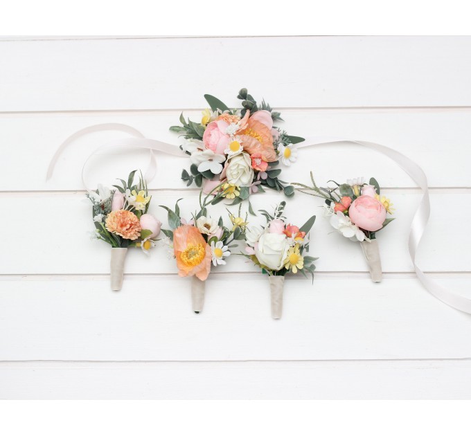 Wedding Boutonnieres and Wrist Corsage in Blush Pink, White, Peach & Yellow | Flower Accessories