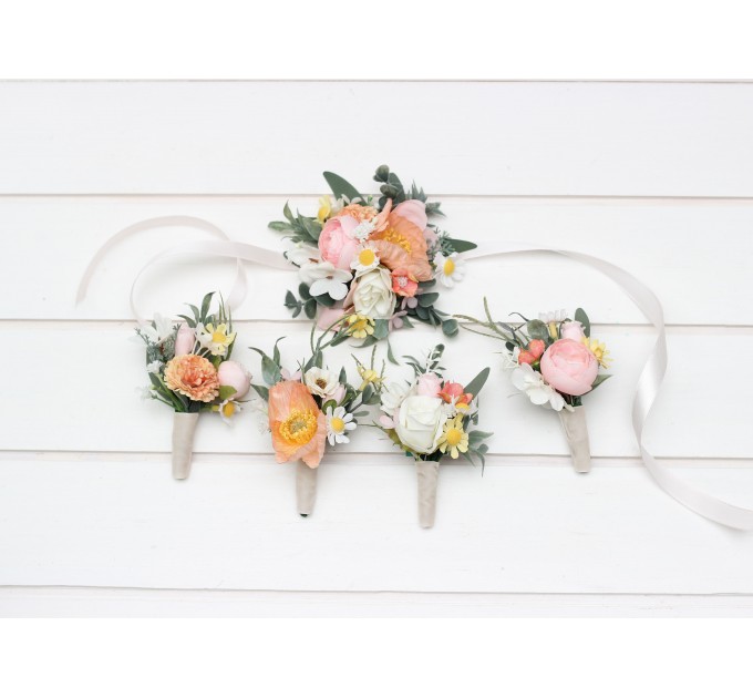 Wedding Boutonnieres and Wrist Corsage in Blush Pink, White, Peach & Yellow | Flower Accessories