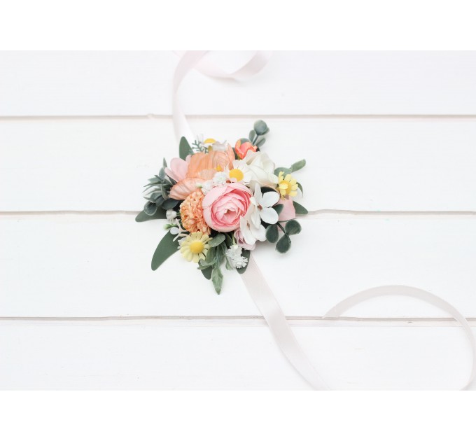Wedding Boutonnieres and Wrist Corsage in Blush Pink, White, Peach & Yellow | Flower Accessories