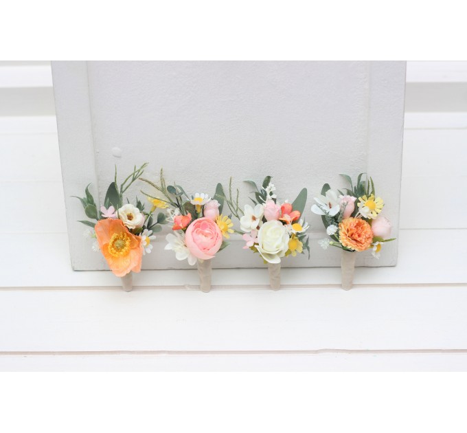 Wedding Boutonnieres and Wrist Corsage in Blush Pink, White, Peach & Yellow | Flower Accessories