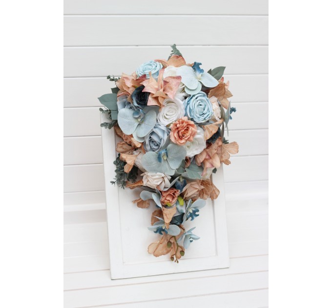 Wedding Bouquets in Sky Blue, Dusty Terracotta & Beige | Faux Bridal & Bridesmaid Bouquets