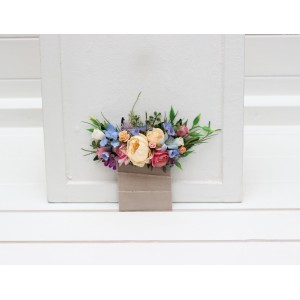 Pocket boutonniere in сream pink blue peach color scheme. Flower accessories. Pocket flowers. Square flowers. 5318