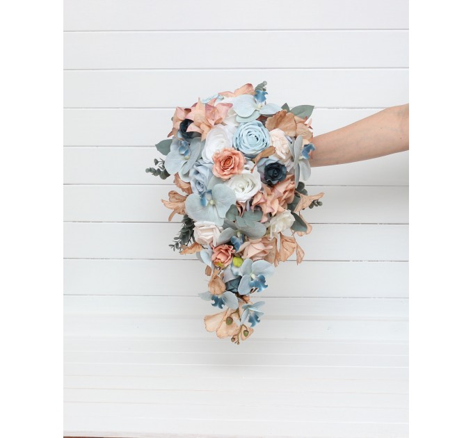 Wedding Bouquets in Sky Blue, Dusty Terracotta & Beige | Faux Bridal & Bridesmaid Bouquets