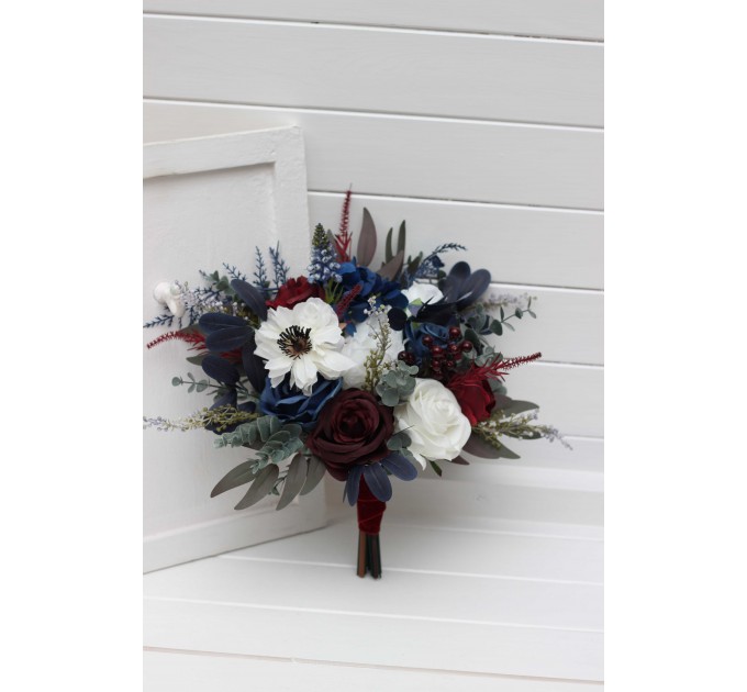 Wedding Bouquet in Burgundy, White & Navy Blue | Cascading Bridal & Bridesmaid Faux Bouquets