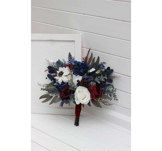 Wedding Bouquet in Burgundy, White & Navy Blue | Cascading Bridal & Bridesmaid Faux Bouquets