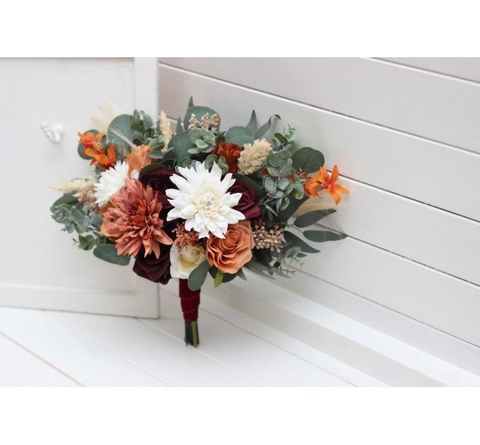 Wedding Bouquets in Cinnamon, Ivory, Burgundy & Orange | Faux Bridal & Bridesmaid Bouquets