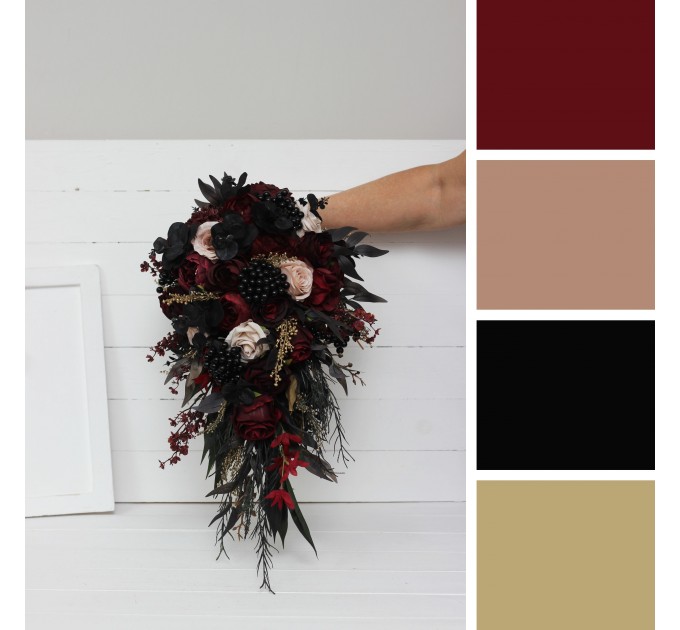 Halloween Wedding Bouquets in Burgundy, Black, Gold, and Beige – Cascade Faux Bouquets