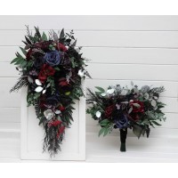 Bouquets in purple black navy blue burgundy silver green color scheme. Bridal bouquet. Faux bouquet. Bridesmaid bouquet. 5320
