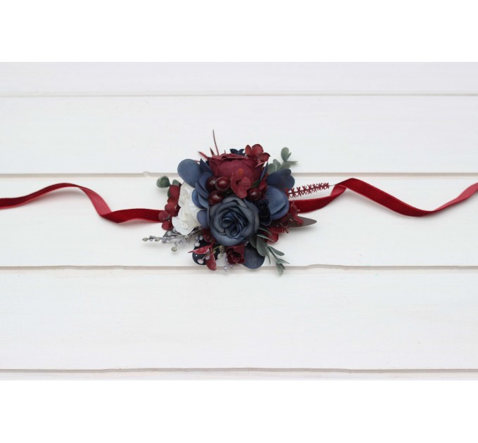Wedding Boutonnieres & Wrist Corsage in Burgundy, White & Navy Blue | Faux Flower Accessories